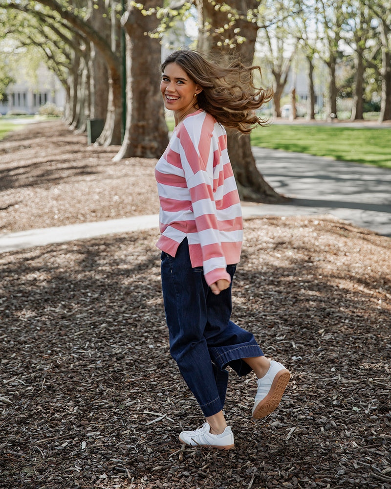 Billie Block Stripe Crew | Charm Pink