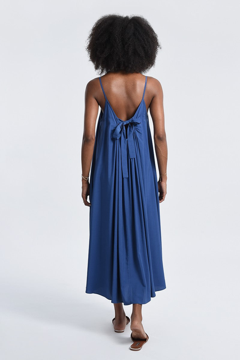 Flare Dress With Back Knot | Denim Blue