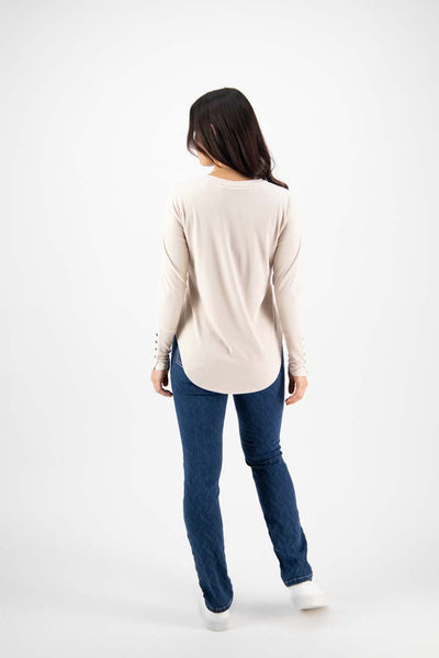 Round Neck Top with Dome Cuff Detail | Oatmeal