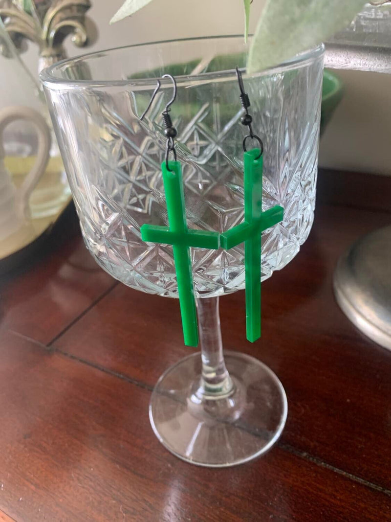 Green Solid Cross Earrings